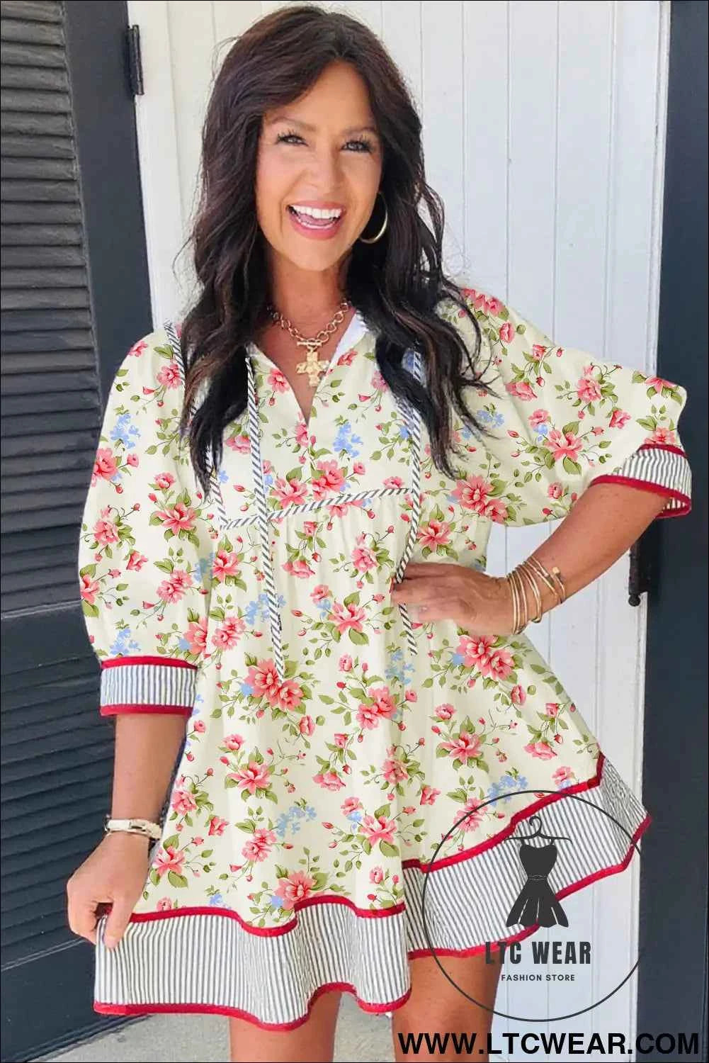 Apricot Striped Edge 3/4 Puff Sleeve Floral Dress