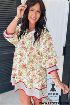 Apricot Striped Edge 3/4 Puff Sleeve Floral Dress