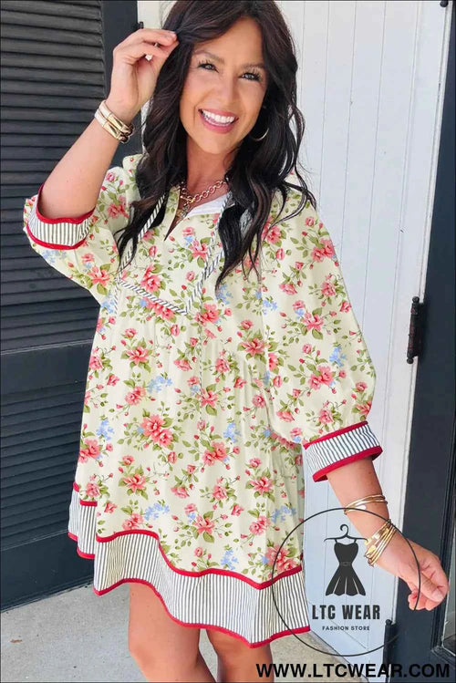 Apricot Striped Edge 3/4 Puff Sleeve Floral Dress