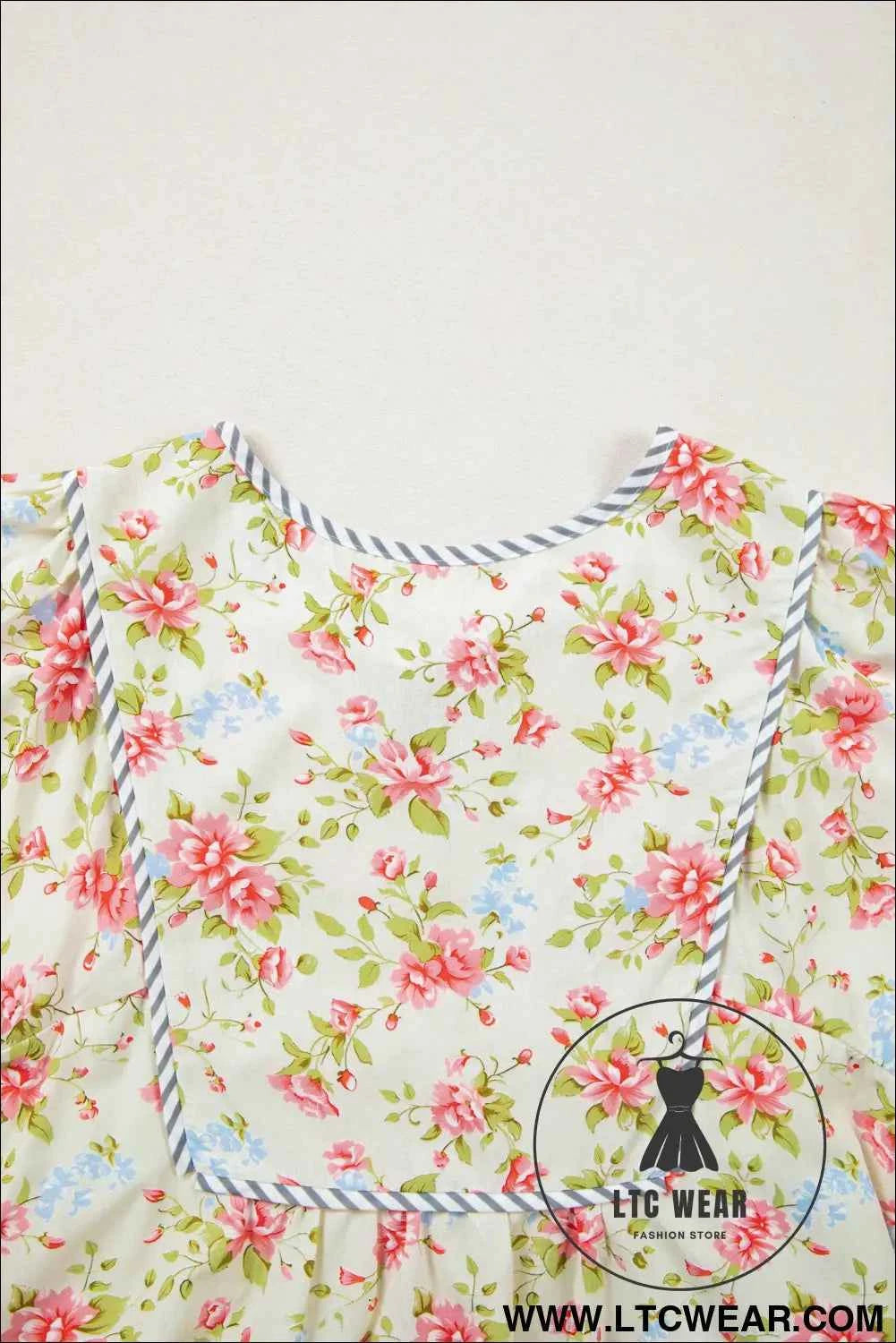 Apricot Striped Edge 3/4 Puff Sleeve Floral Dress
