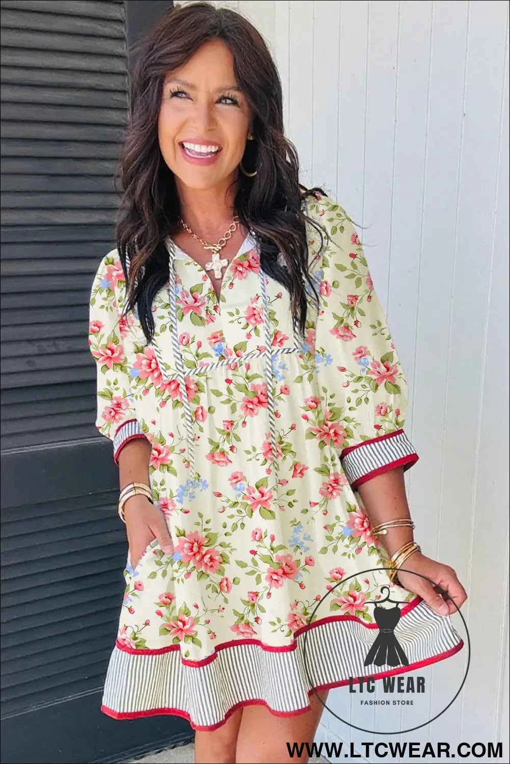 Apricot Striped Edge 3/4 Puff Sleeve Floral Dress