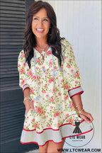 Apricot Striped Edge 3/4 Puff Sleeve Floral Dress