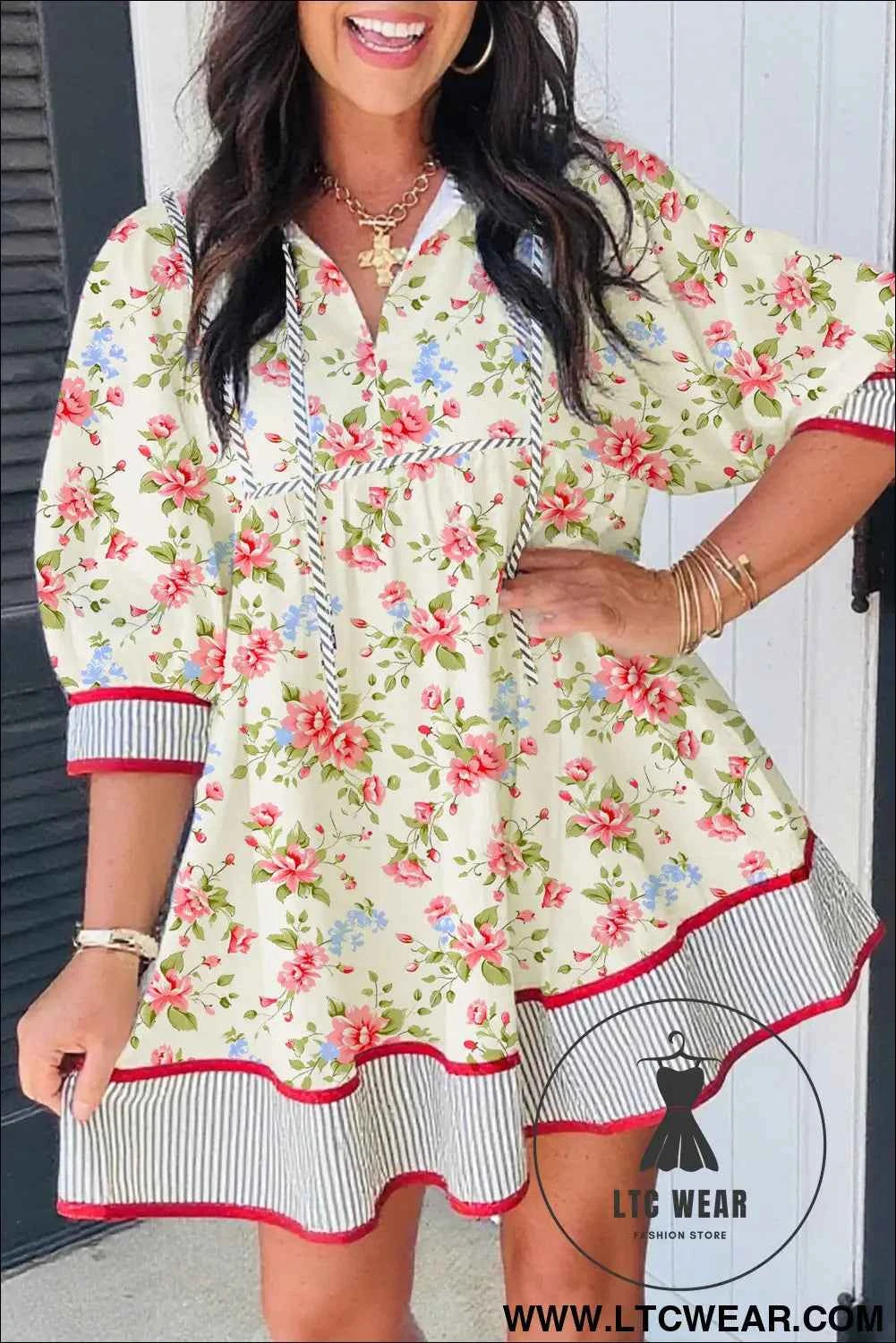 Apricot Striped Edge 3/4 Puff Sleeve Floral Dress