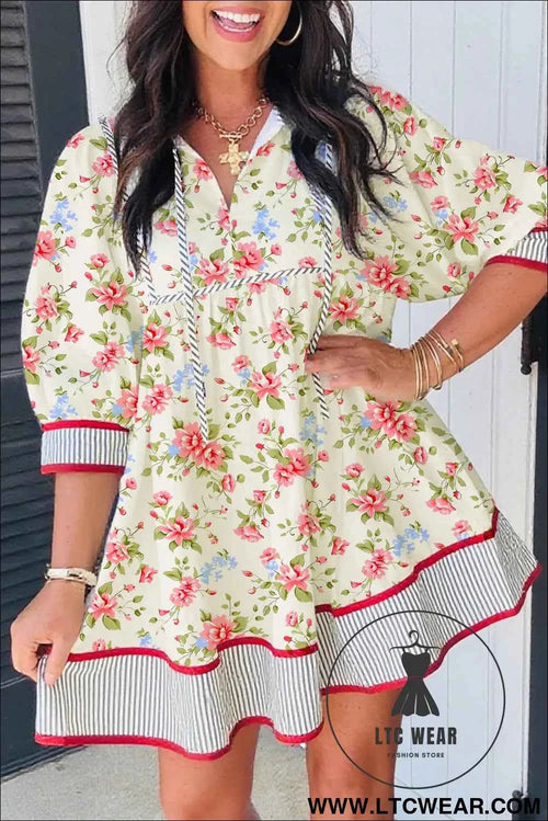 Apricot Striped Edge 3/4 Puff Sleeve Floral Dress