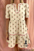 Apricot Striped Floral Print Contrast Detail Ruffle Hem Short Dress