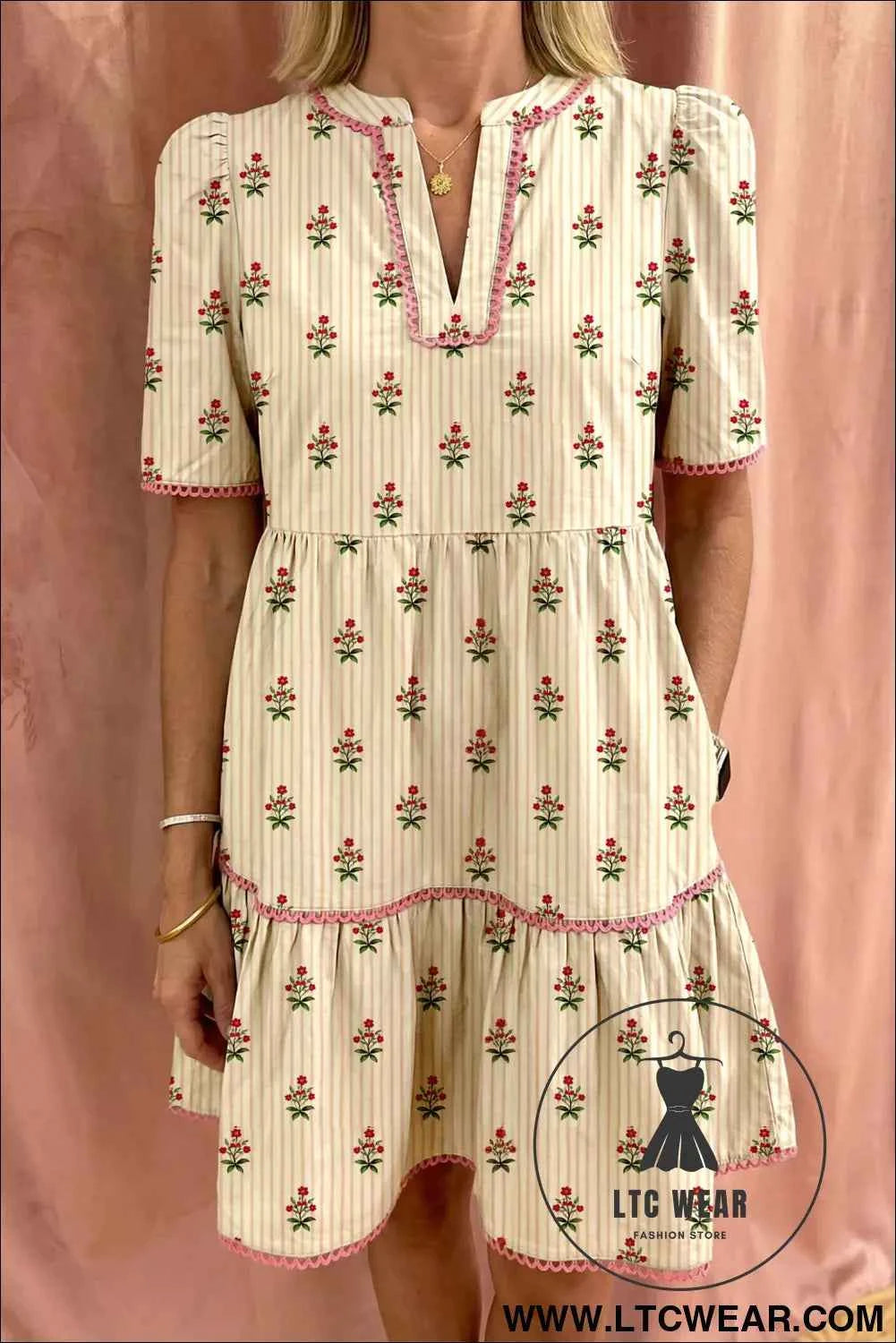 Apricot Striped Floral Print Contrast Detail Ruffle Hem Short Dress