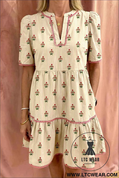 Apricot Striped Floral Print Contrast Detail Ruffle Hem Short Dress