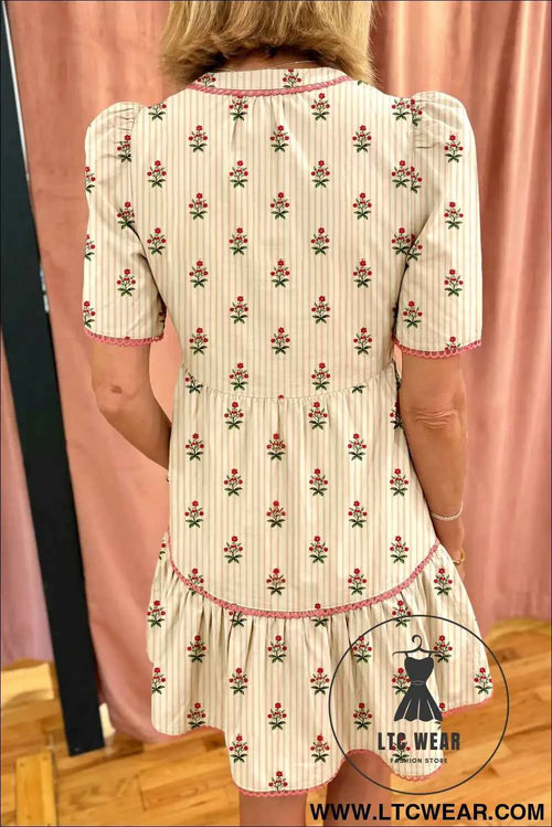 Apricot Striped Floral Print Contrast Detail Ruffle Hem Short Dress