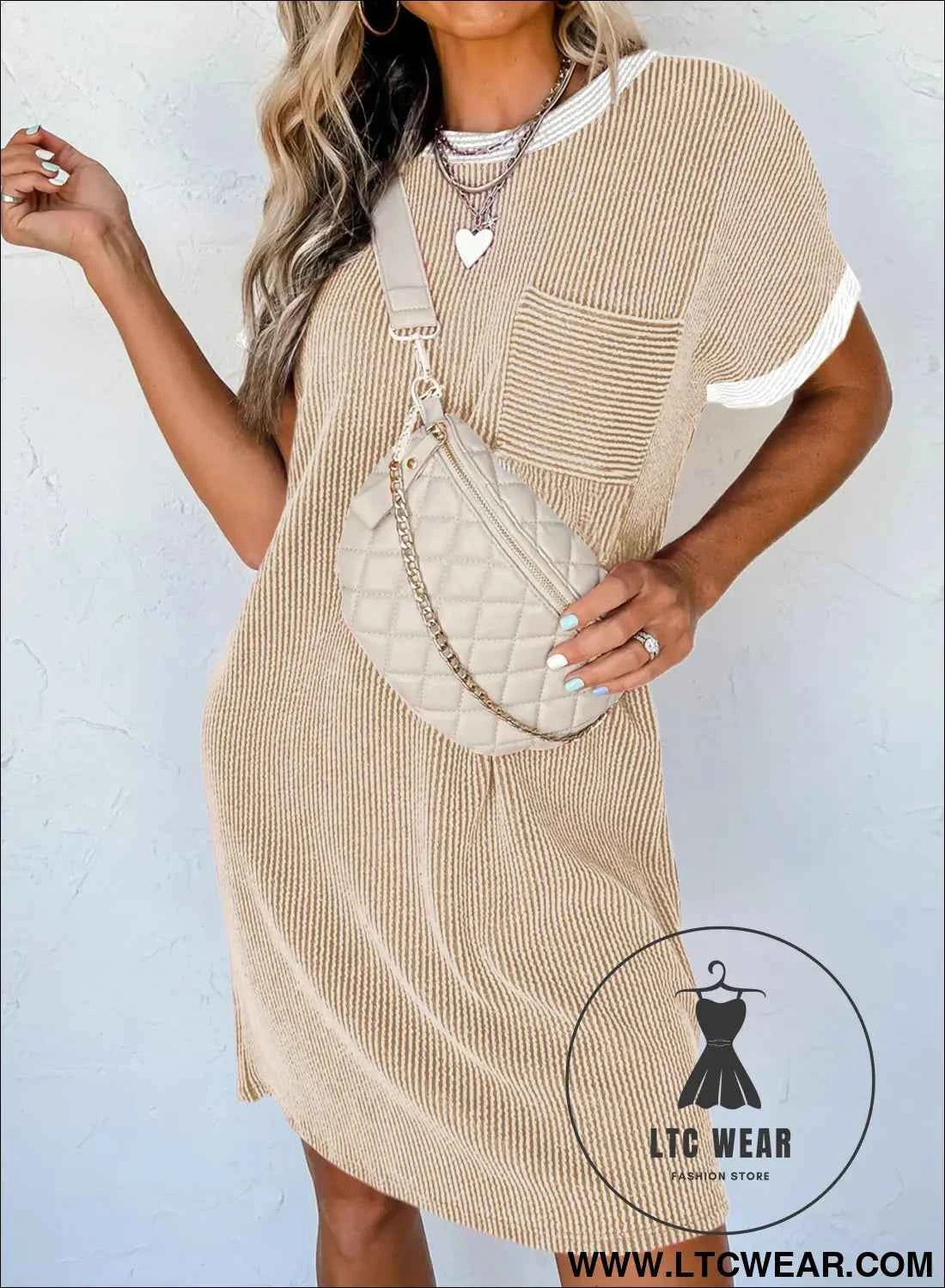 Apricot Twisted Ribbed Color Block T Shirt Shift Dress
