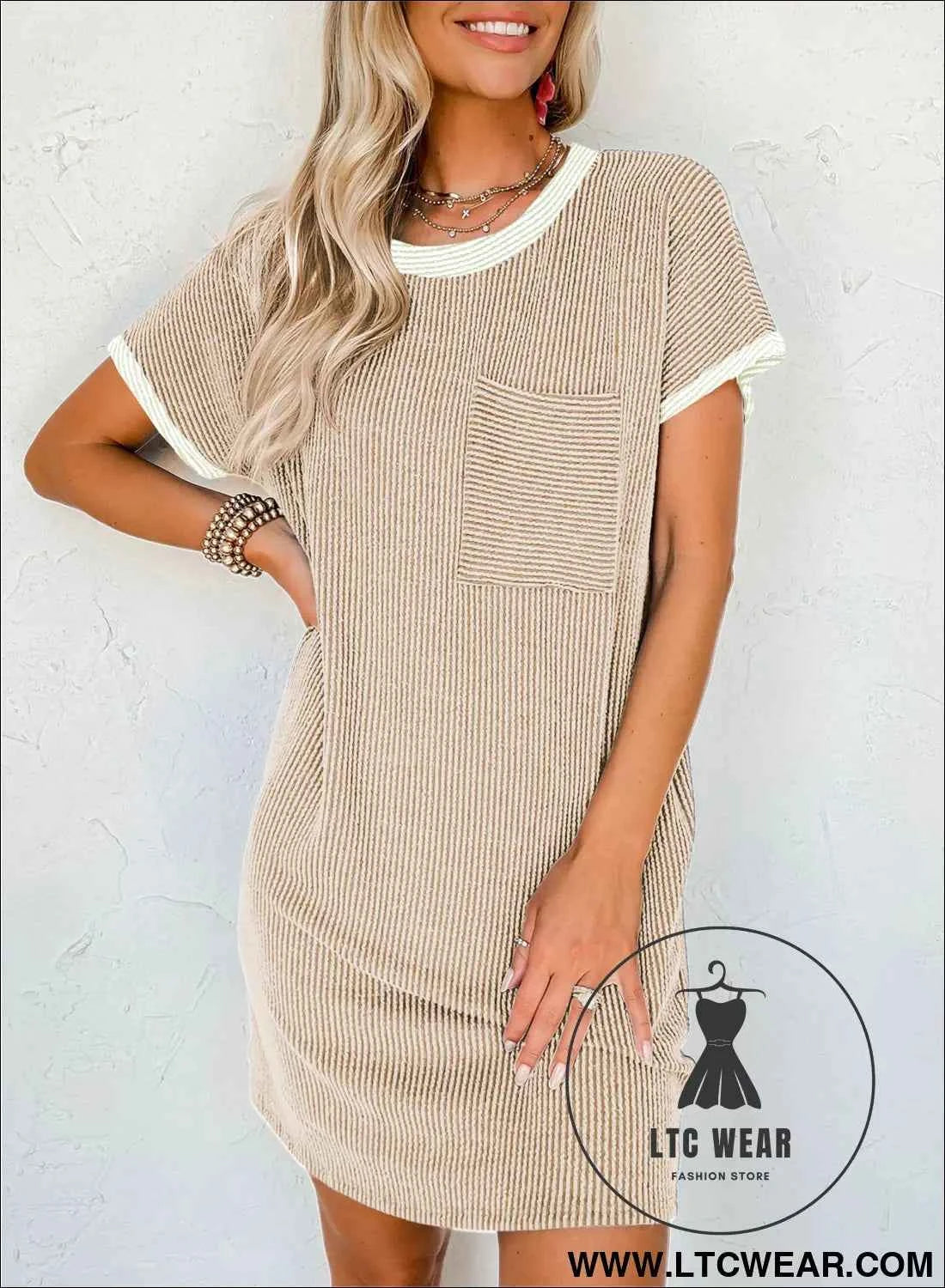 Apricot Twisted Ribbed Color Block T Shirt Shift Dress