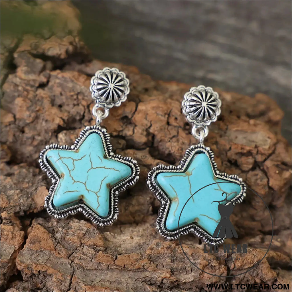 Artificial turquoise alloy star earrings - sky blue / one size