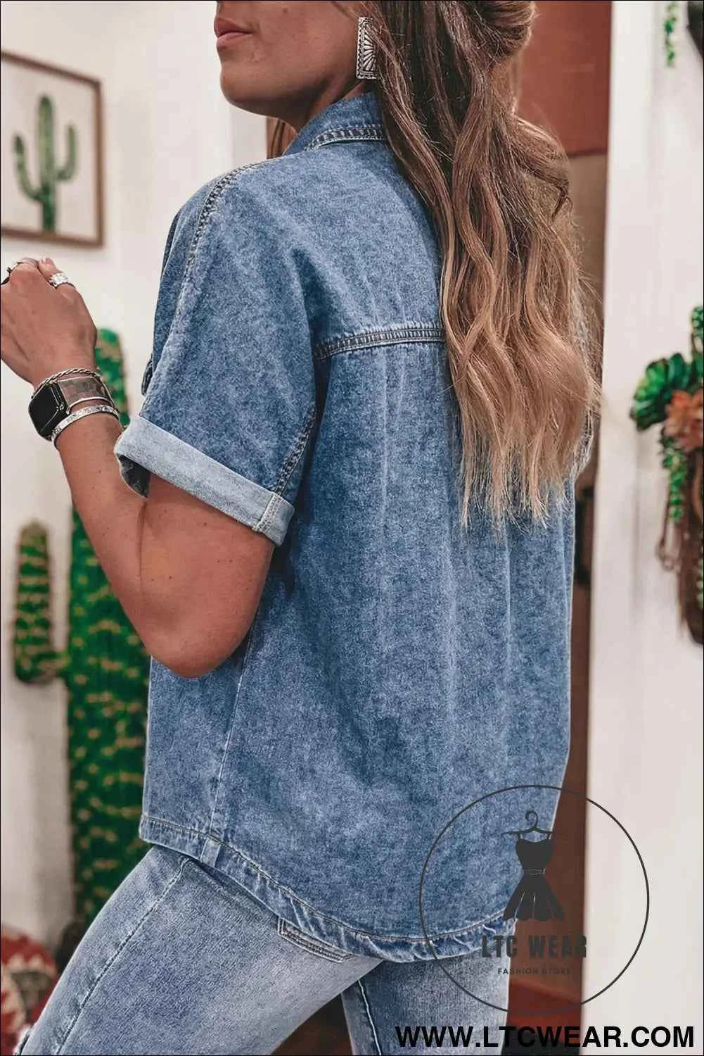 Ashleigh Blue Button Flap Pocket Cuffed Short Sleeve Denim Shirt