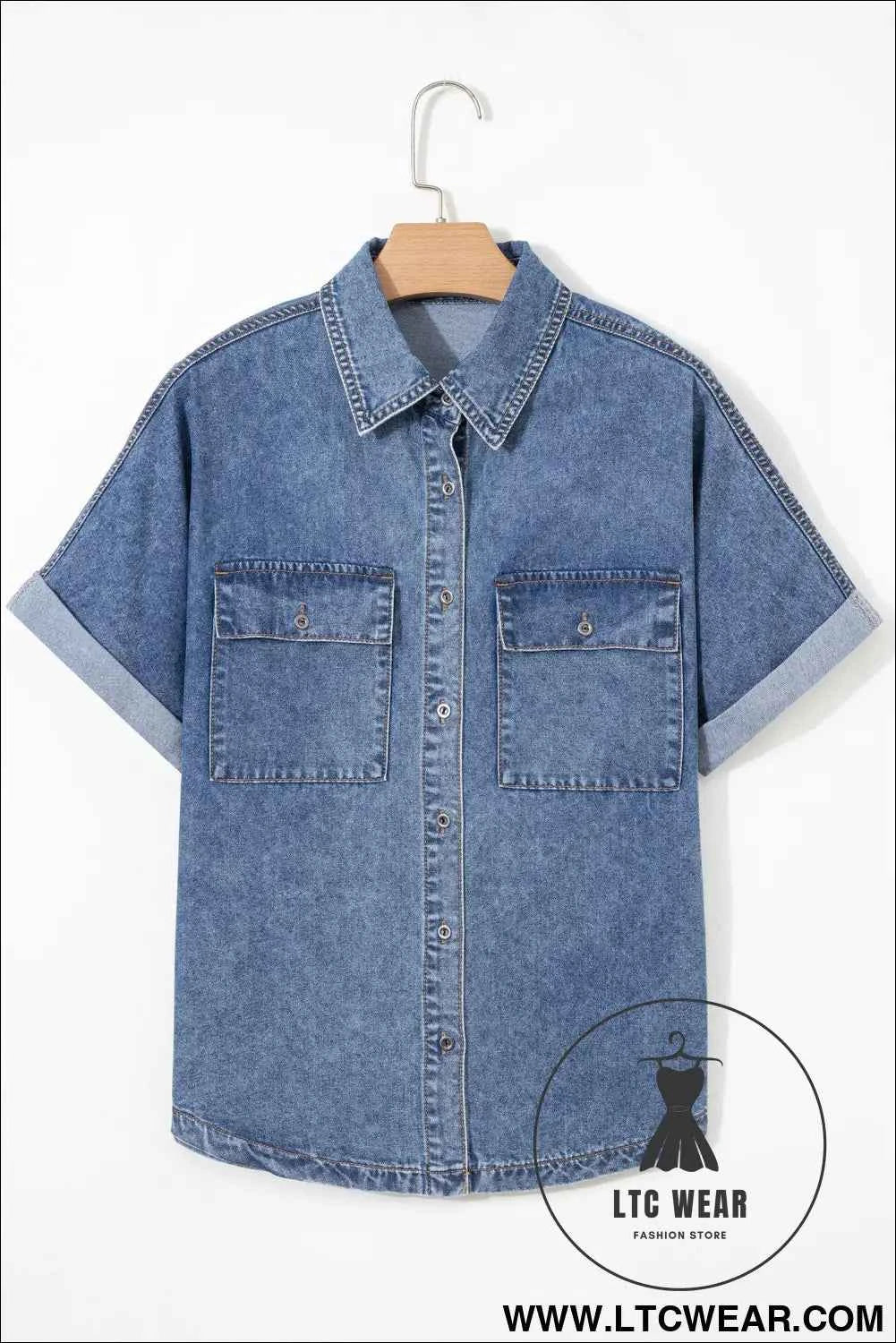 Ashleigh Blue Button Flap Pocket Cuffed Short Sleeve Denim Shirt