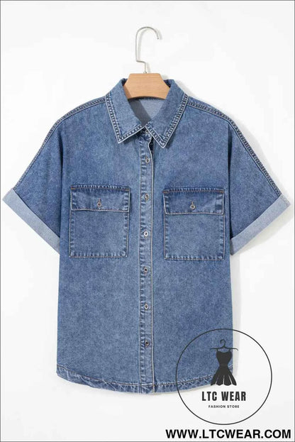 Ashleigh Blue Button Flap Pocket Cuffed Short Sleeve Denim Shirt