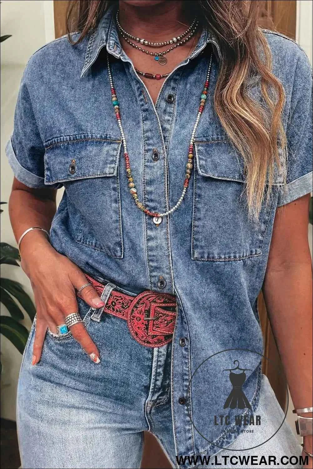 Ashleigh Blue Button Flap Pocket Cuffed Short Sleeve Denim Shirt