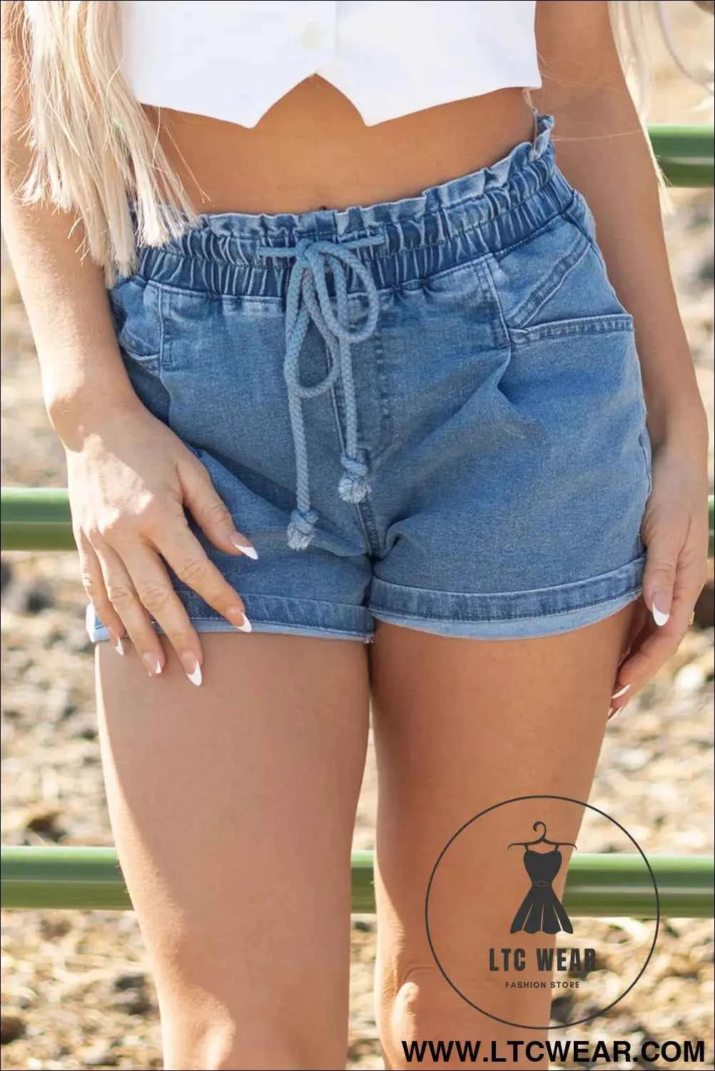 Ashleigh Blue Drawstring Elastic Waistband Casual Denim Shorts with Pockets