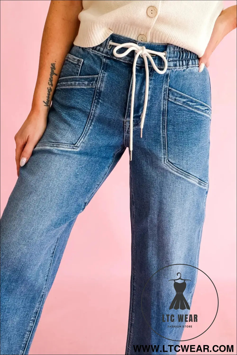 Ashleigh Blue Drawstring Waist Ankle Length Casual Jeans Regular Fit Pocket Detail Denim Pants - L.T.C Wear Online Fashion Store