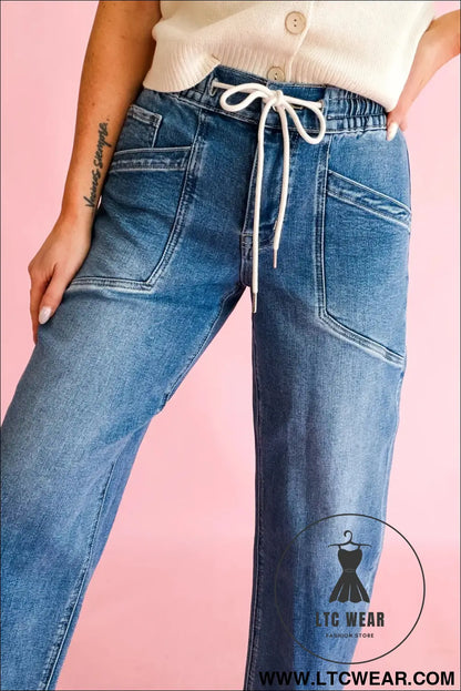 Ashleigh Blue Drawstring Waist Ankle Length Casual Jeans Regular Fit Pocket Detail Denim Pants - L.T.C Wear Online Fashion Store