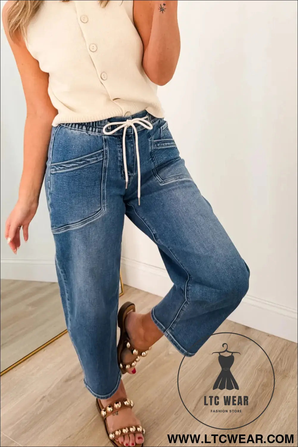 Ashleigh Blue Drawstring Waist Ankle Length Casual Jeans Regular Fit Pocket Detail Denim Pants - L.T.C Wear Online Fashion Store
