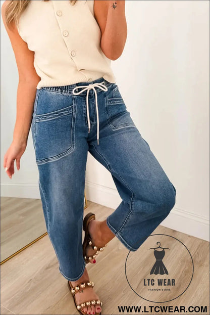 Ashleigh Blue Drawstring Waist Ankle Length Casual Jeans Regular Fit Pocket Detail Denim Pants - L.T.C Wear Online Fashion Store