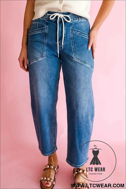 Ashleigh Blue Drawstring Waist Ankle Length Casual Jeans Regular Fit Pocket Detail Denim Pants