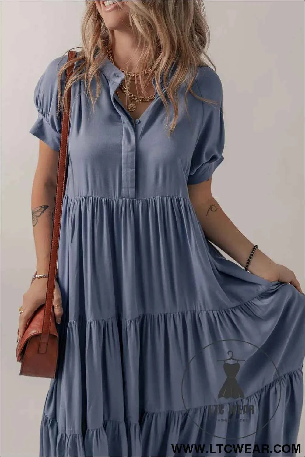 Ashleigh Blue Hidden Buttons Short Sleeve Ruffle Tiered Long Flared Dress