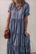 Ashleigh Blue Hidden Buttons Short Sleeve Ruffle Tiered Long Flared Dress