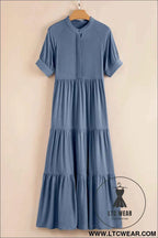Ashleigh Blue Hidden Buttons Short Sleeve Ruffle Tiered Long Flared Dress