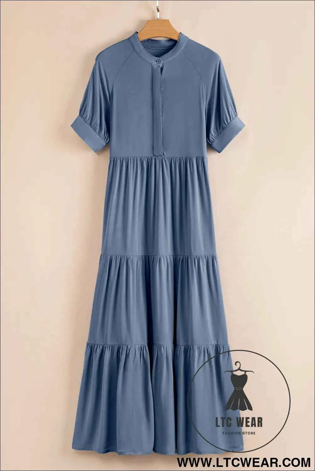 Ashleigh Blue Hidden Buttons Short Sleeve Ruffle Tiered Long Flared Dress