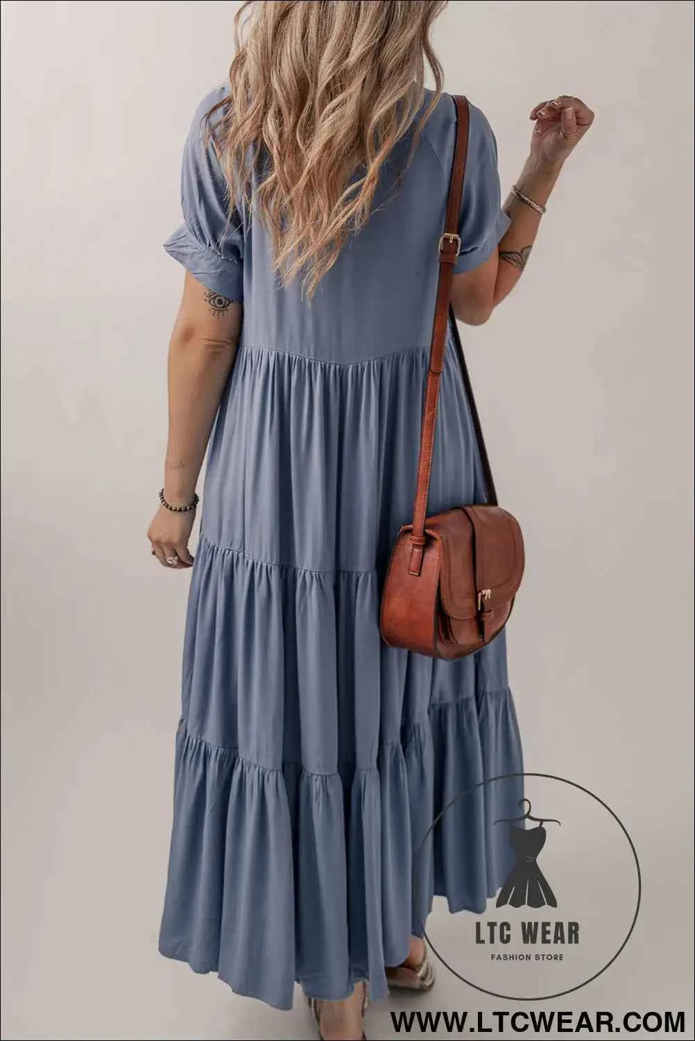 Ashleigh Blue Hidden Buttons Short Sleeve Ruffle Tiered Long Flared Dress