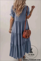 Ashleigh Blue Hidden Buttons Short Sleeve Ruffle Tiered Long Flared Dress