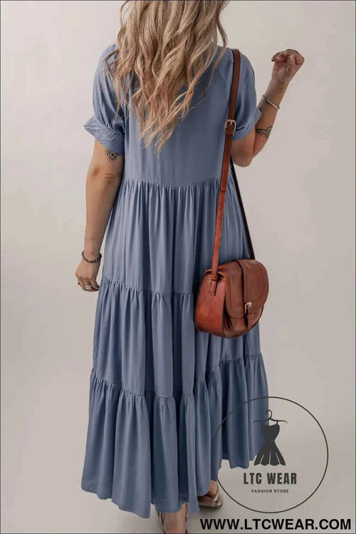 Ashleigh Blue Hidden Buttons Short Sleeve Ruffle Tiered Long Flared Dress