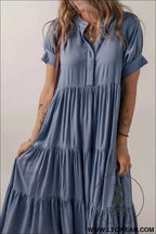Ashleigh Blue Hidden Buttons Short Sleeve Ruffle Tiered Long Flared Dress