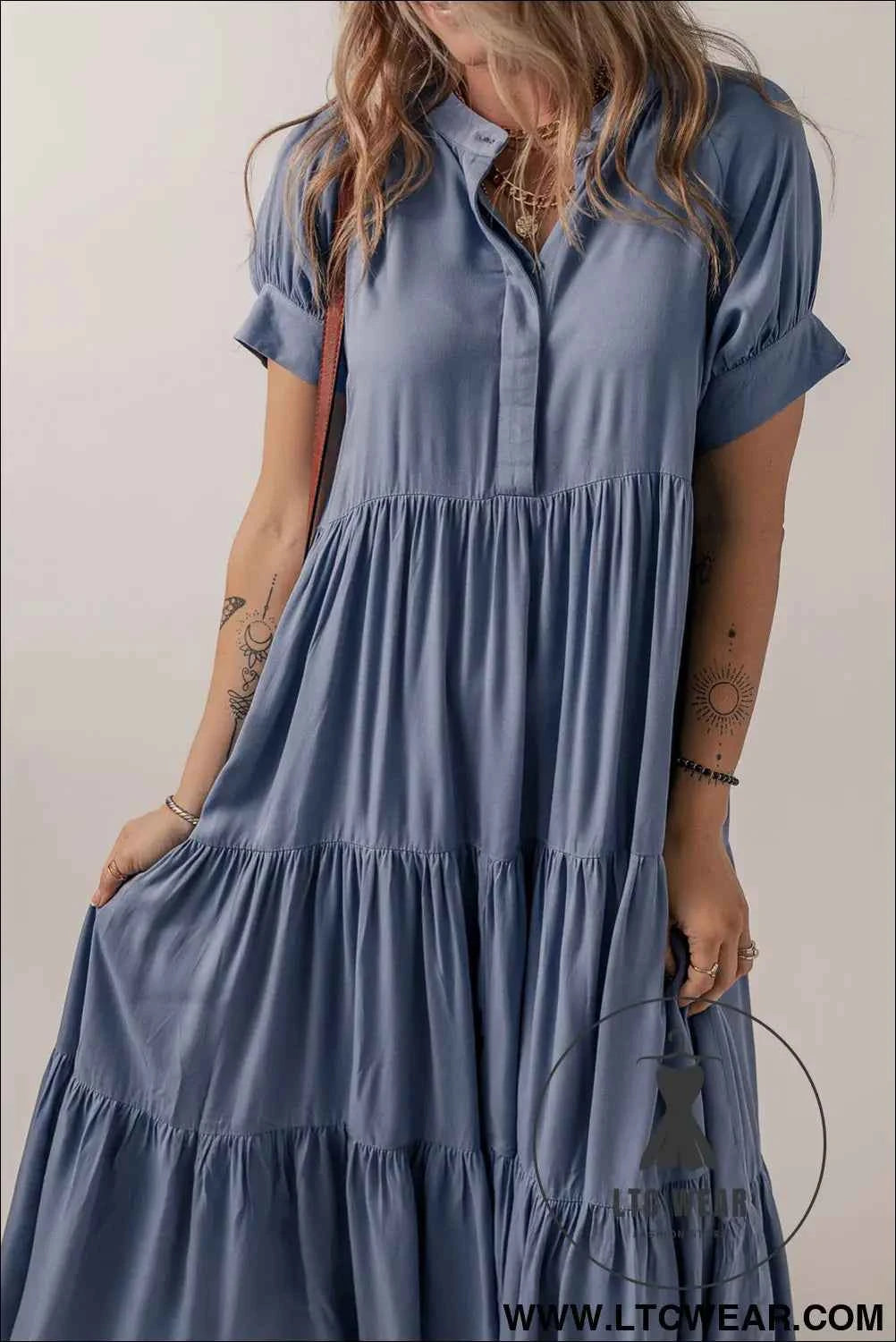 Ashleigh Blue Hidden Buttons Short Sleeve Ruffle Tiered Long Flared Dress