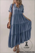 Ashleigh Blue Hidden Buttons Short Sleeve Ruffle Tiered Long Flared Dress