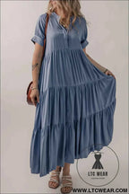 Ashleigh Blue Hidden Buttons Short Sleeve Ruffle Tiered Long Flared Dress