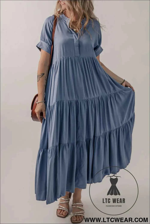 Ashleigh Blue Hidden Buttons Short Sleeve Ruffle Tiered Long Flared Dress