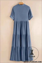 Ashleigh Blue Hidden Buttons Short Sleeve Ruffle Tiered Long Flared Dress