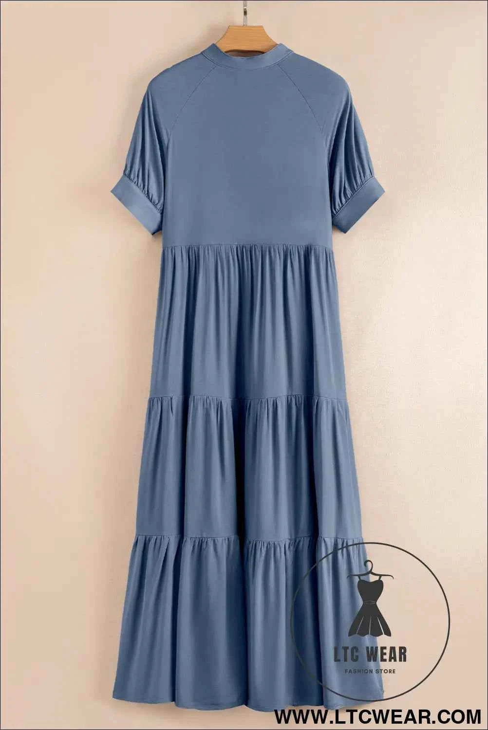 Ashleigh Blue Hidden Buttons Short Sleeve Ruffle Tiered Long Flared Dress