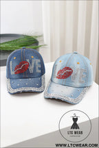 Ashleigh blue rhinestone embellished love lip denim baseball cap - ashleigh blue / one size / 100% polyester - hats &