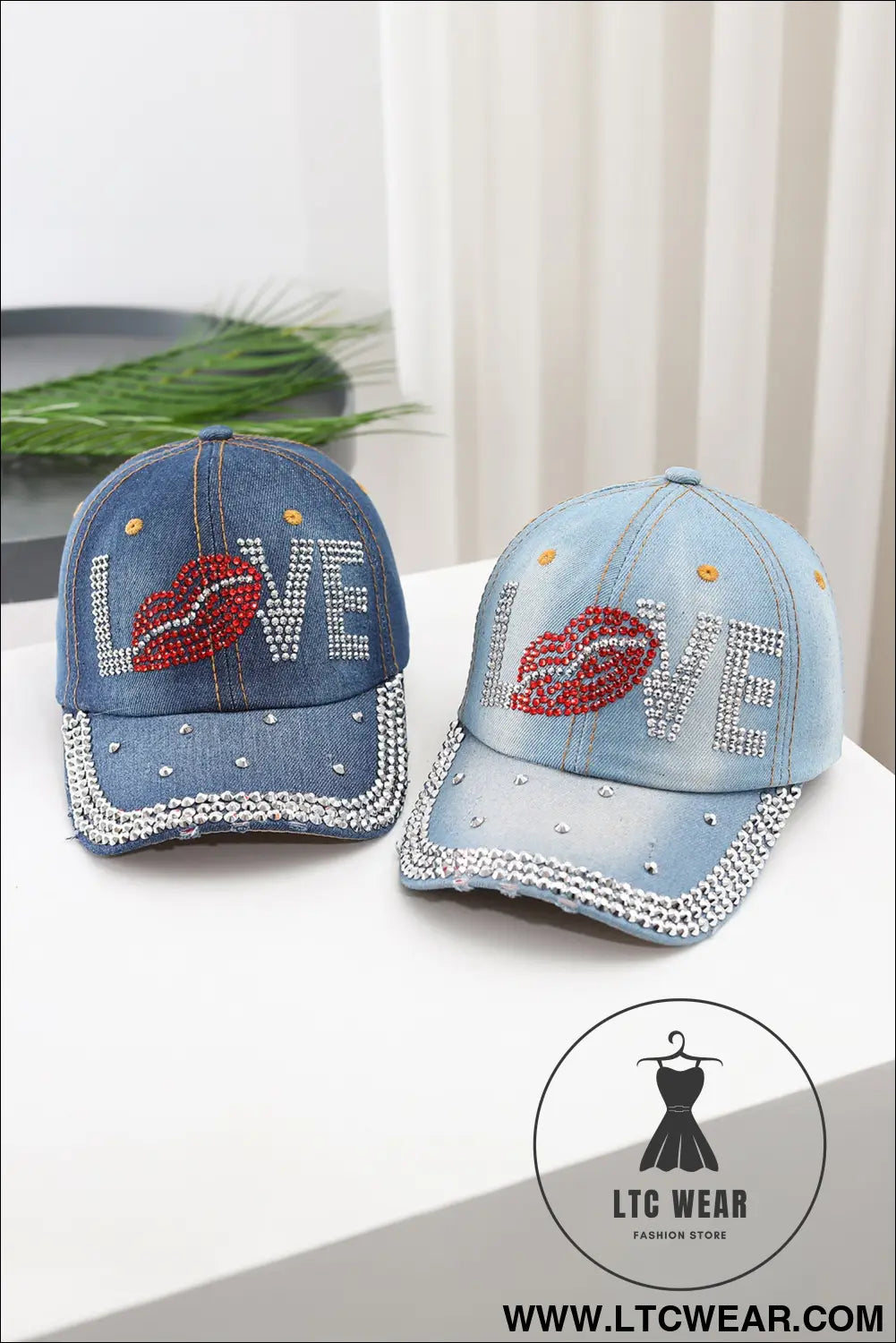 Ashleigh blue rhinestone embellished love lip denim baseball cap - ashleigh blue / one size / 100% polyester - hats &