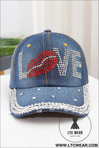Ashleigh blue rhinestone embellished love lip denim baseball cap - ashleigh blue / one size / 100% polyester - hats &