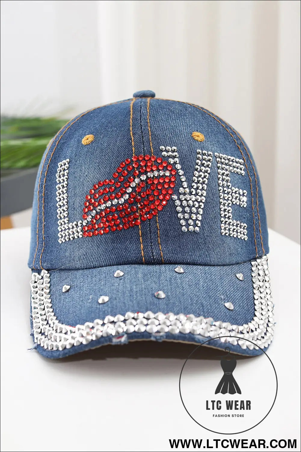 Ashleigh blue rhinestone embellished love lip denim baseball cap - ashleigh blue / one size / 100% polyester - hats &