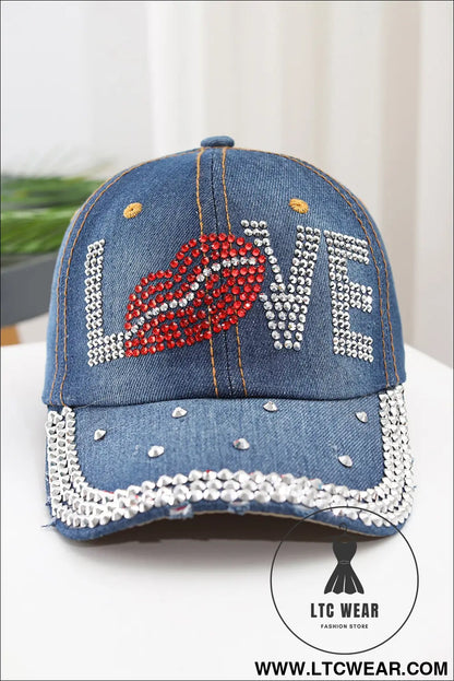 Ashleigh blue rhinestone embellished love lip denim baseball cap - ashleigh blue / one size / 100% polyester - hats &