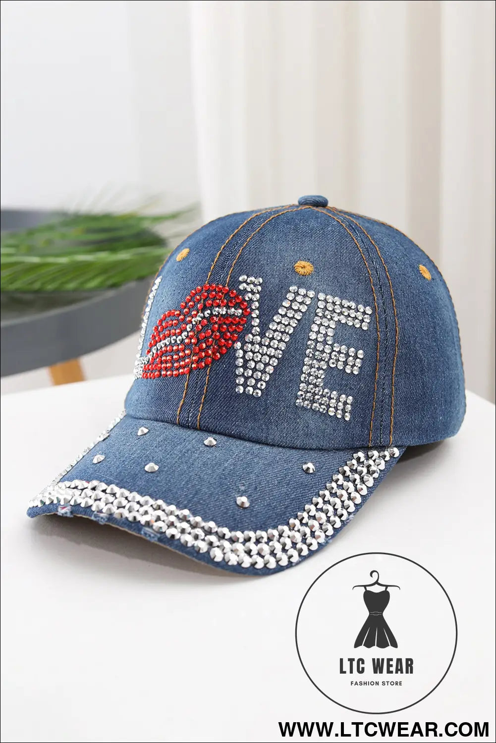 Ashleigh blue rhinestone embellished love lip denim baseball cap - ashleigh blue / one size / 100% polyester - hats &