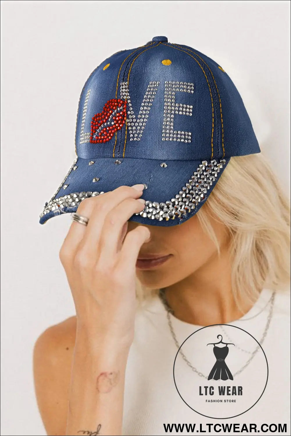 Ashleigh blue rhinestone embellished love lip denim baseball cap - ashleigh blue / one size / 100% polyester - hats &