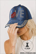 Ashleigh blue rhinestone embellished love lip denim baseball cap - ashleigh blue / one size / 100% polyester - hats &