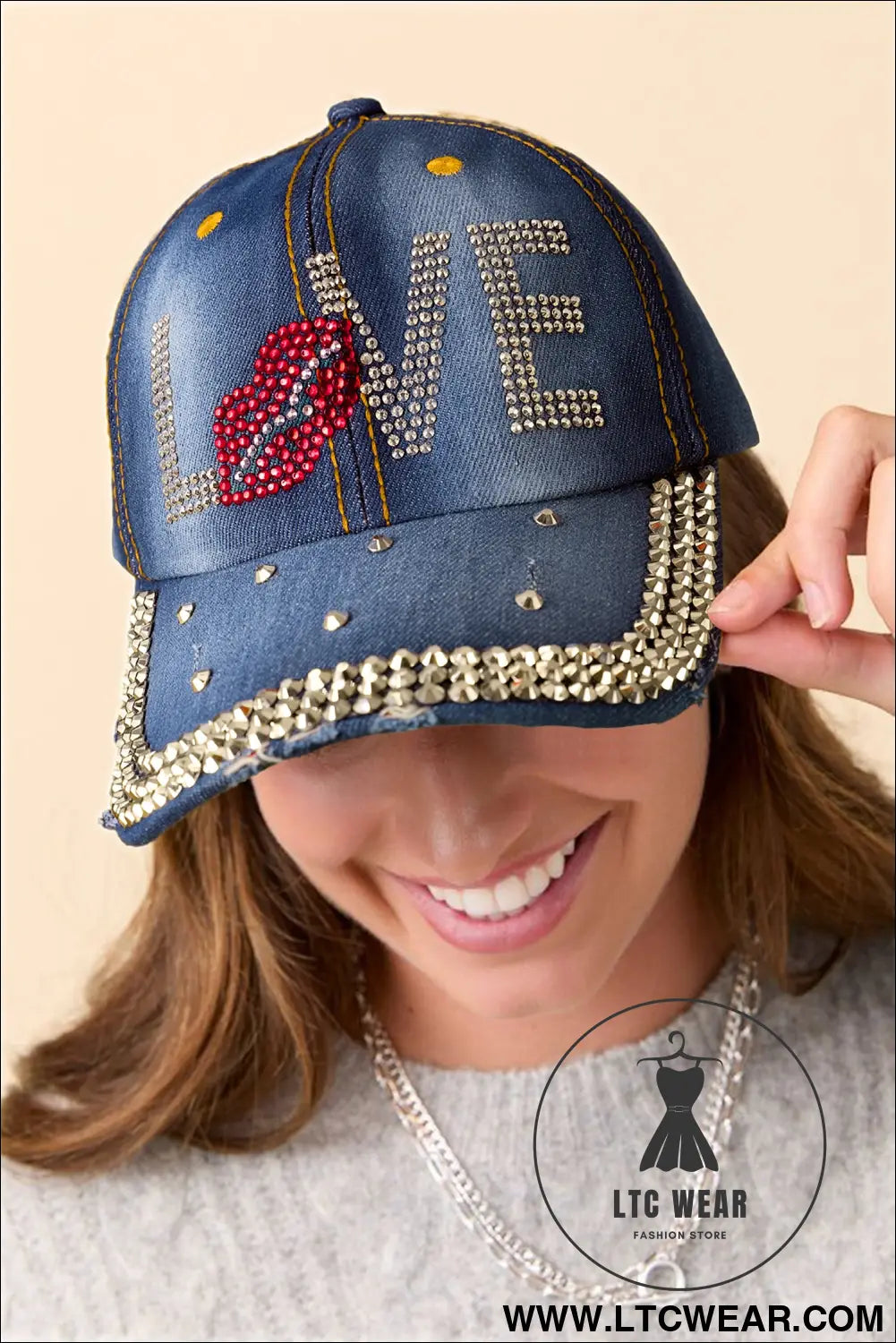 Ashleigh blue rhinestone embellished love lip denim baseball cap - ashleigh blue / one size / 100% polyester - hats &