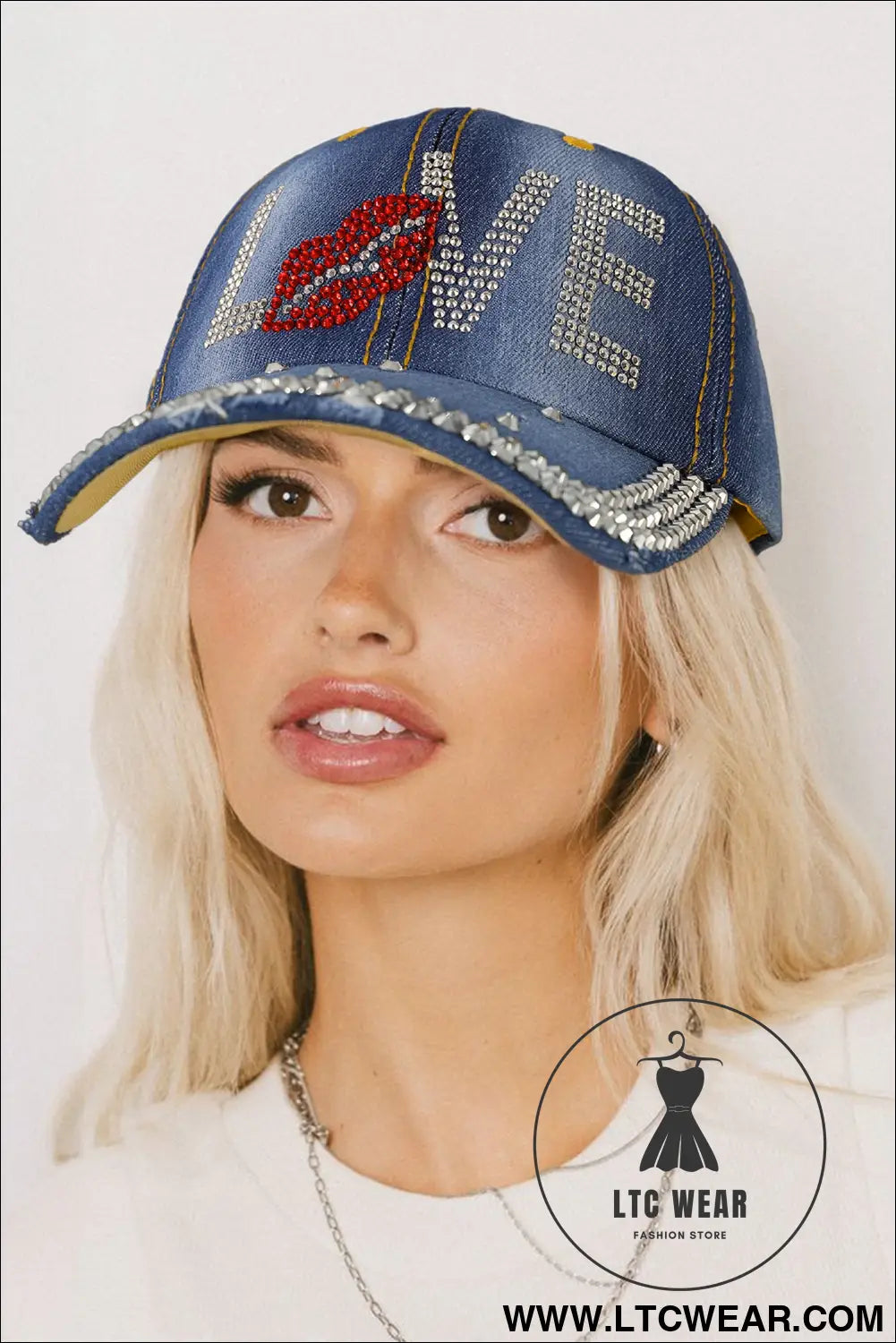 Ashleigh blue rhinestone embellished love lip denim baseball cap - ashleigh blue / one size / 100% polyester - hats &