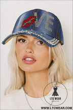 Ashleigh blue rhinestone embellished love lip denim baseball cap - ashleigh blue / one size / 100% polyester - hats &